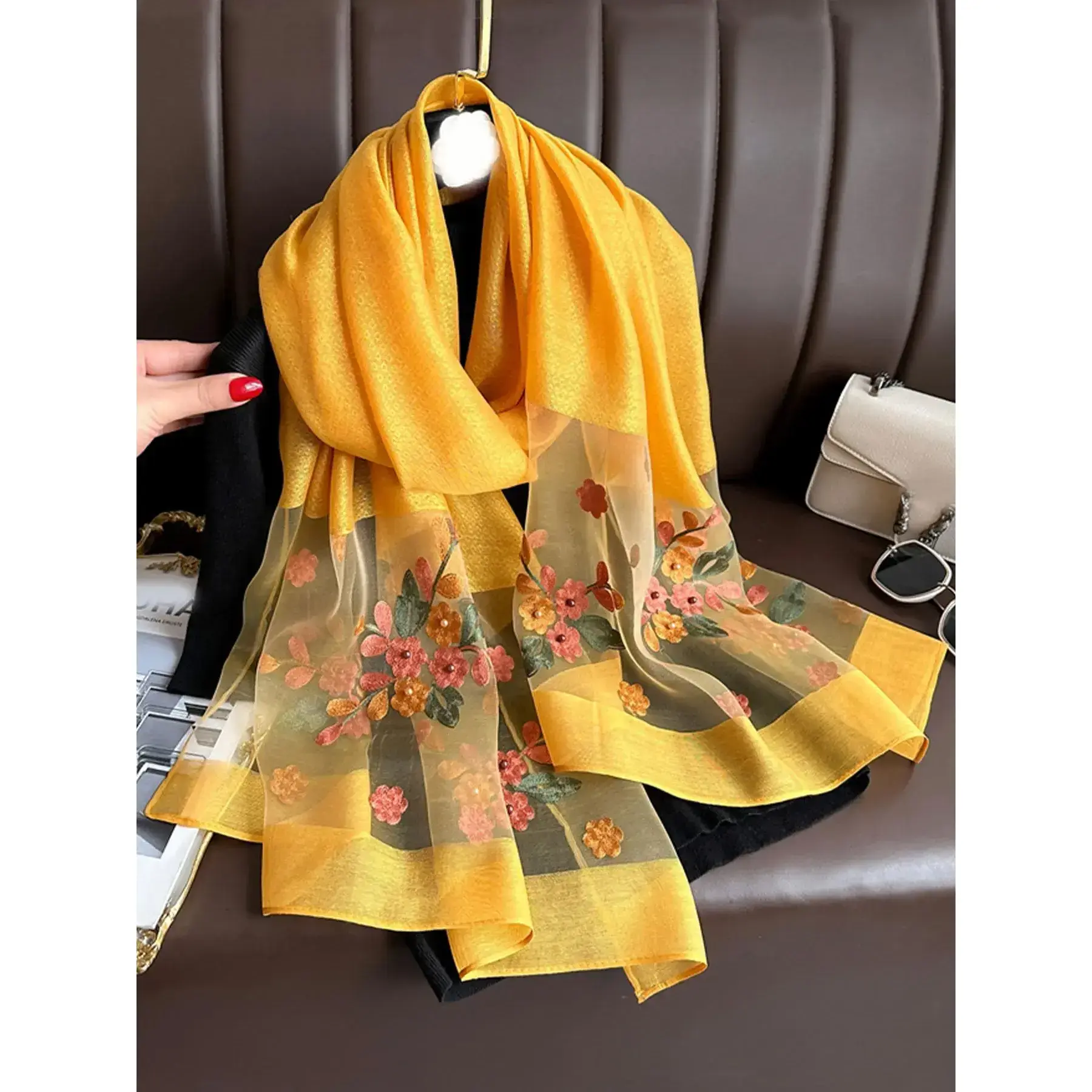 Elegant Floral Embroidered Silk Scarf for Women, Boho Style Scarf, Stylish Sun Protection Beach Shawl with Beads, Bohemian Windproof Must-Have Elegant Floral Embroidered Silk Scarf for Women, Boho Style Scarf, Stylish Sun Protection Beach Shawl with Beads, Bohemian Windproof Must-Have