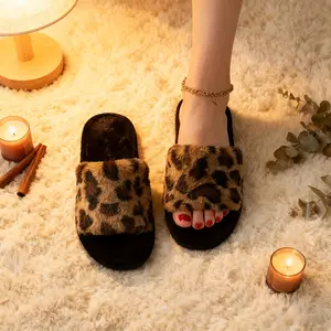Women's Leopard Print Faux Fur Cross-Strap Slides |   Plush Lined Non-Slip Cushioned Sole Edgy-Cozy Indoor/Outdoor Daily Comfort Slippers