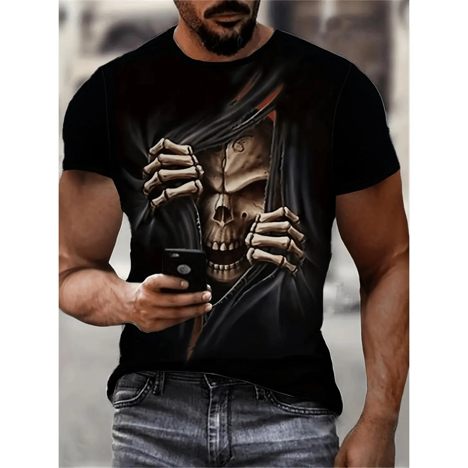 Men's Streetwear 3D Effect Skeleton Print T-shirt, Graphic Short Sleeve Round Neck Top in Fade Resistant Fabrics, Thoughtful Gift, Tshirt, All Seasons, Small