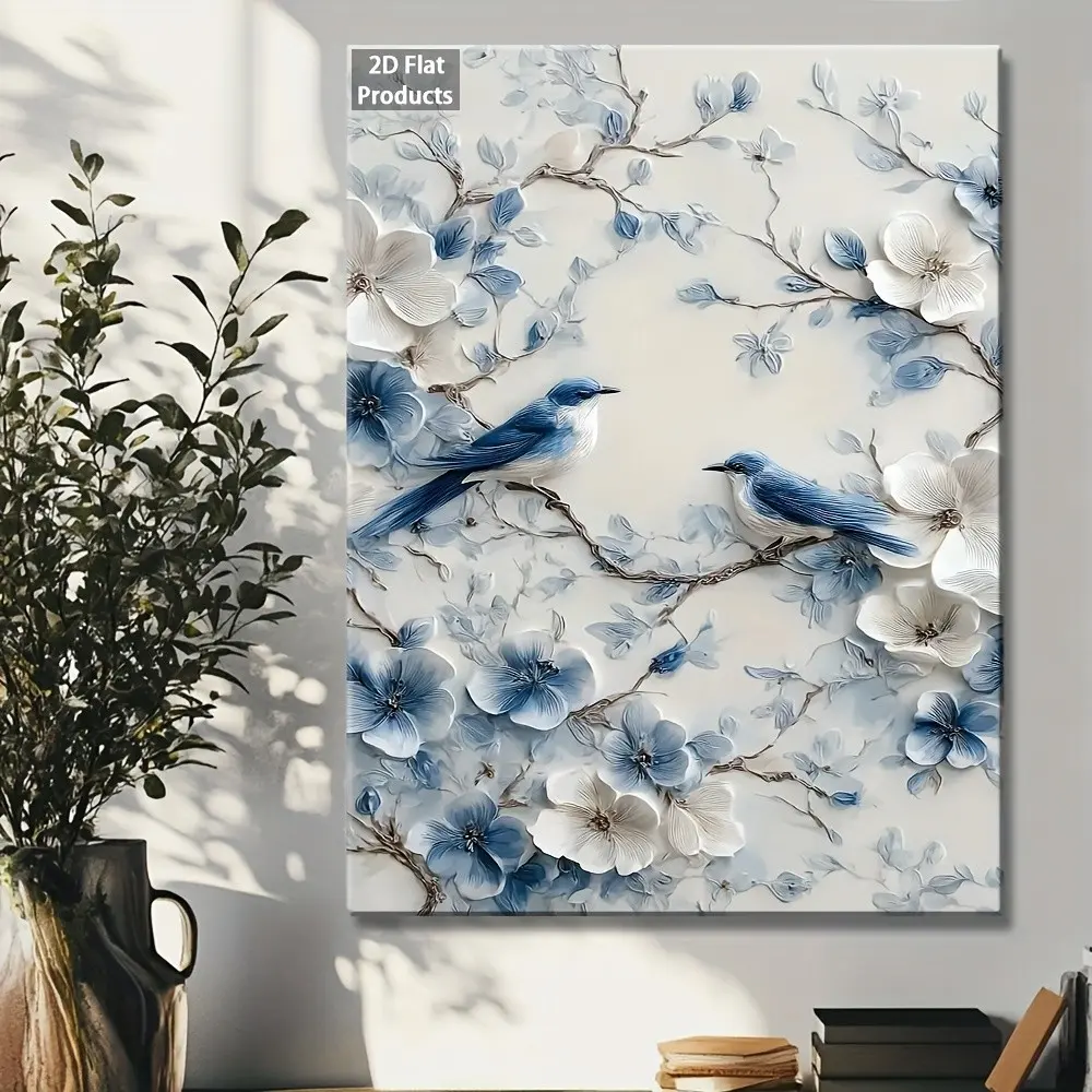 2d Flat, High-quality Art Print on A, with a Wooden Frame 2D Wallpaper Design, Featuring Blue Birds and White Flowers, Perfect for Decorating the Living Room, Bedroom, Office, Lounge, Cozy Room Art, Wall Decor