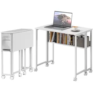 White foldable computer desk with storage bag and rolling wheels built with brake structure works as both office desk and side table for various indoor placement scenarios