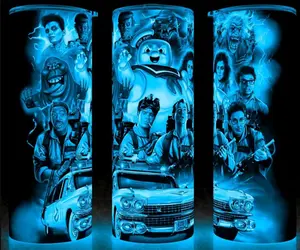 Glow in the Dark Ghostbusters 80s with Slimer - Ecto 1 - Egon - Winston - Peter - Ray Movie Cup Mug Tumbler 20oz - Stainless Steel, Fantasy, Modern Drinkware - Washable Classic Flasks Plastic Reusable