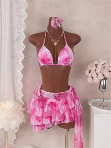 Romantic printed three-piece set for women, suitable for occasions such as seaside gatherings and pool parties