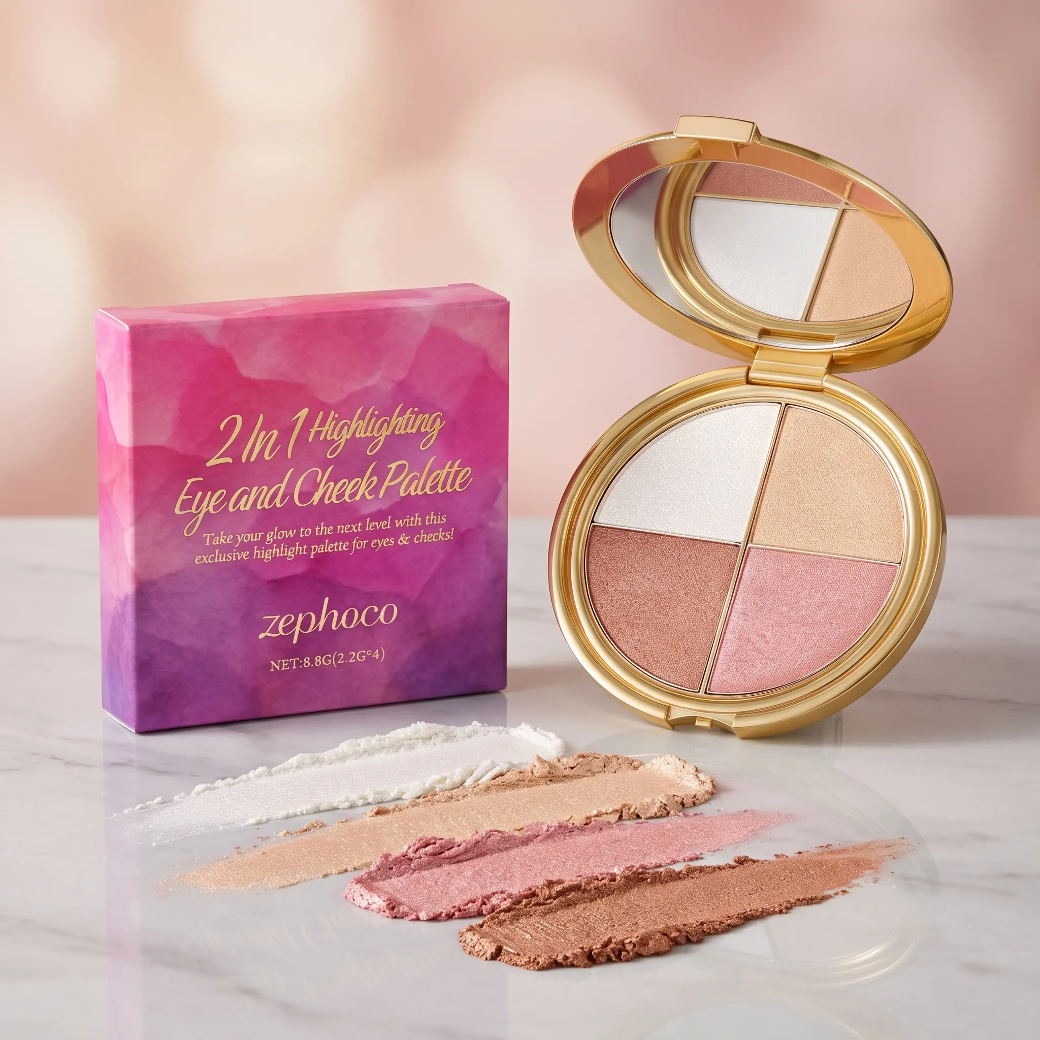 2 In 1 Highlighting Eye and Cheek Palette - 4 Shimmer Shades Makeup Face Highlighter, Blush & Eyeshadow Quad - Silky Smooth Powder with Built-in Mirror for Radiant Dewy Glow, 8.8g, Shimmer Sparkle Palette, Multi-Functional All-In-One Eyeshadow