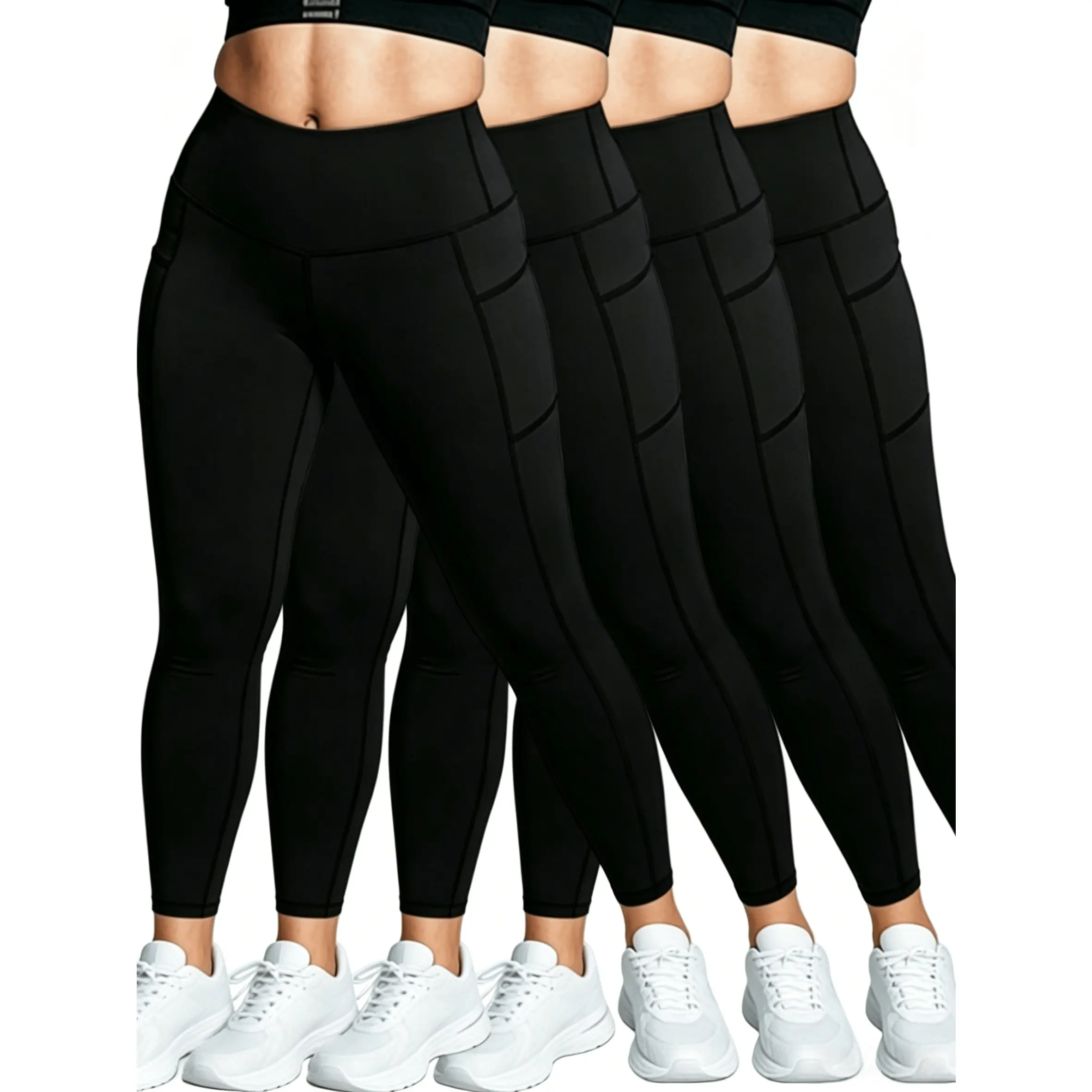 Women's High Stretch Athletic Fitness Leggings (1/2/3/4-Pack) - Tummy Control, Side Pockets, Sweatproof Skin-Friendly Soft Knit for Workout, City Commute | Gym Bottoms, Sporty Sports Bottoms