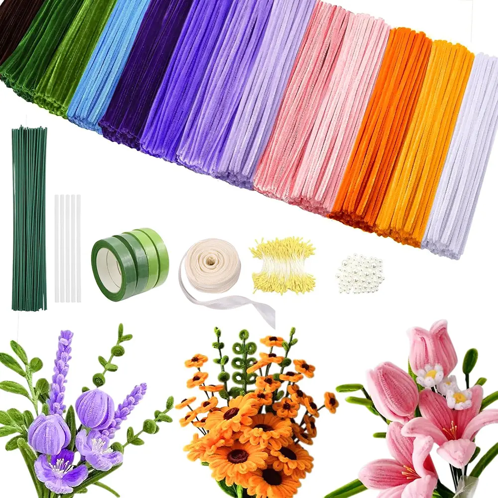 900PCS Soft Bending Chenille Stems Bouquet Kit - 18 Multicolor Thick Pipe Cleaners with Various Additions, Creative Halloween/Christmas Gift for Family Fun (Pet & Fish Aquatic Water Treatment Crafts Compatible)