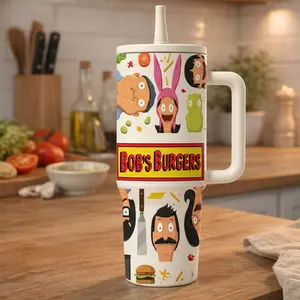 1pc 40oz Stainless Steel Insulated Tumbler with Handle, Funny Burger Cartoon Character Print Travel Mug with Lid and Straw, Large Capacity Vacuum Cup, Leak-Resistant Portable Thermal Mug for Water Coffee Tea Juice, Mother’s Day Birthday Holiday Best Gift