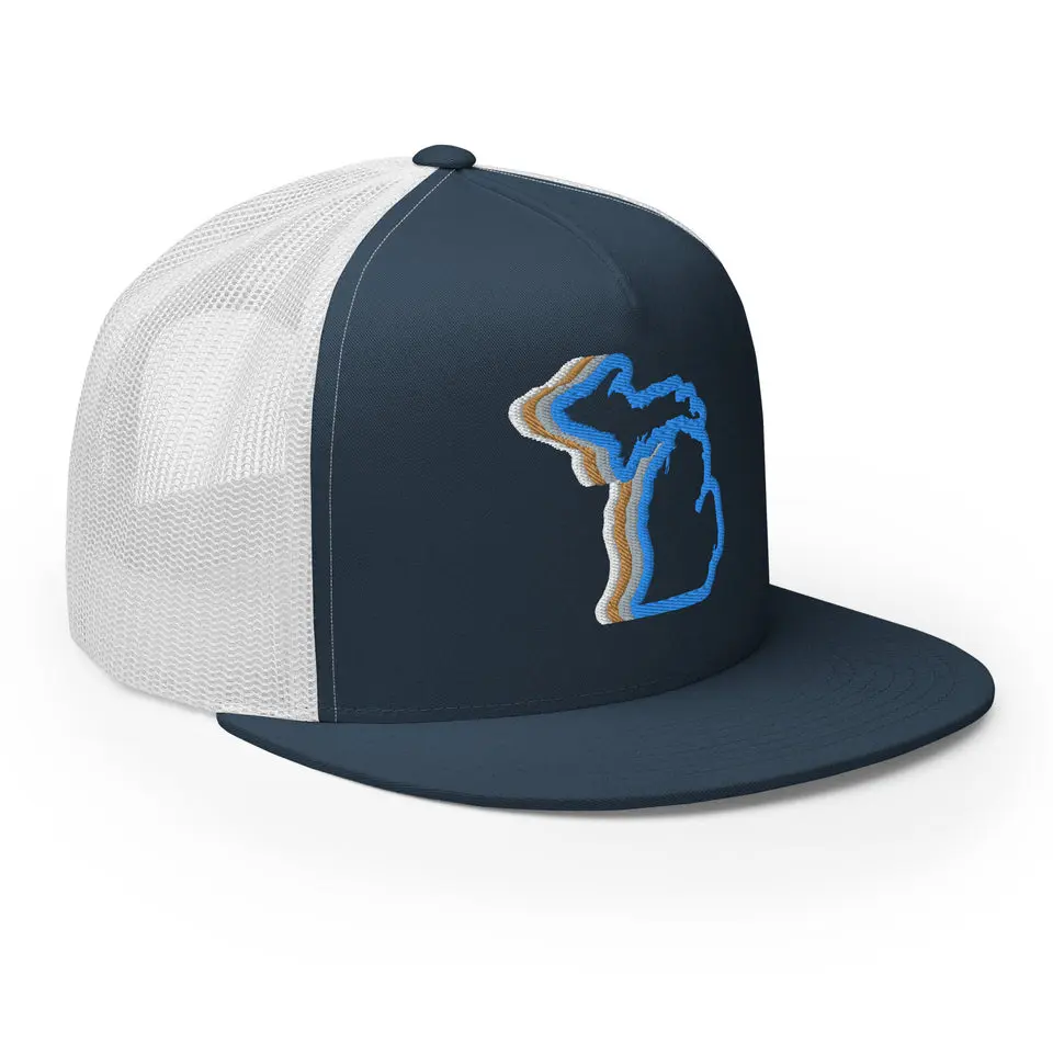 Michigan 70's Embroidered Classic 5-panel Trucker Hat - Navy and White