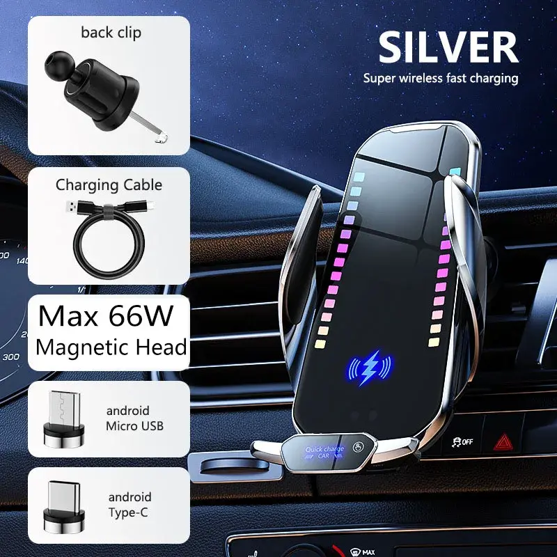 Magnetic Auto Clamping Wireless Charging Car Phone Mount - Infrared Sensing Auto Clamping Holder, Smart Rhythm LED Light, Adjustable Grip, Retractable Stand, Car Accessories for iPhone 12-16 Pro Max, Android Phones
