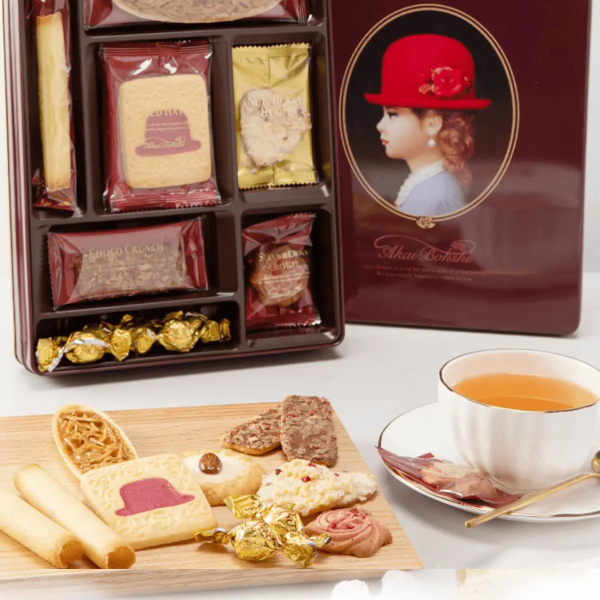 AKAIBOHSHI Japanese Assorted Cookies Gift Box 7 Flavors 116.6g Festive Tin