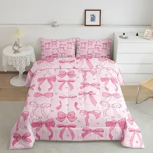 Pink Bowknot Decoration Comforter Set for Girls Adults Watercolor Pink Bow Kids Kawaii Bedding Set Dreamy Princess Style Quilt Set with