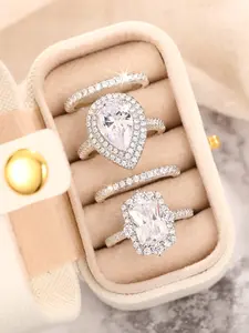 4 Piece Set Bridal Engagement with Stunning Teardrop Cubic Zirconia Bridal Set Rings, All Seasons Casual Copper Jewelry Gift Box Included