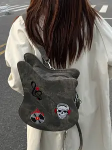 Women's Punk Style Guitar Design Shoulder Bag, Creative Skull Embroidery Bass Crossbody Bag, Casual Patchwork Handbag for All Seasons