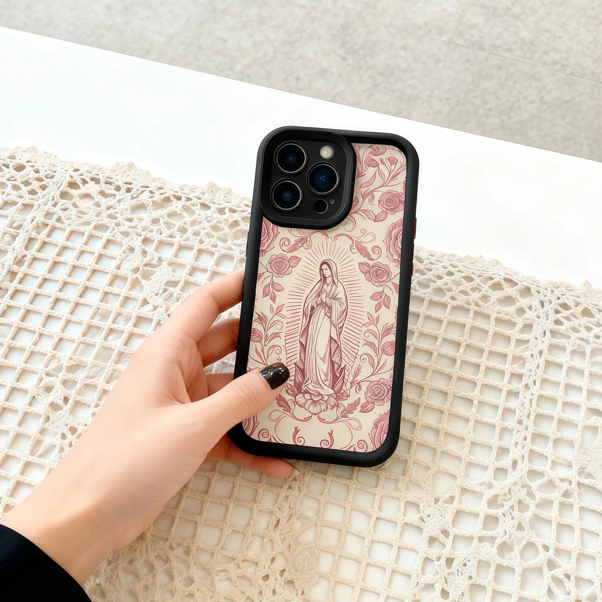 Virgin Mary Pattern Phone Case for iPhone 17 16 15 14 13 12 11 – Soft TPU, Fully Protected & Shockproof Cover Stylish Trendy Gift for Christian Faith Lovers!