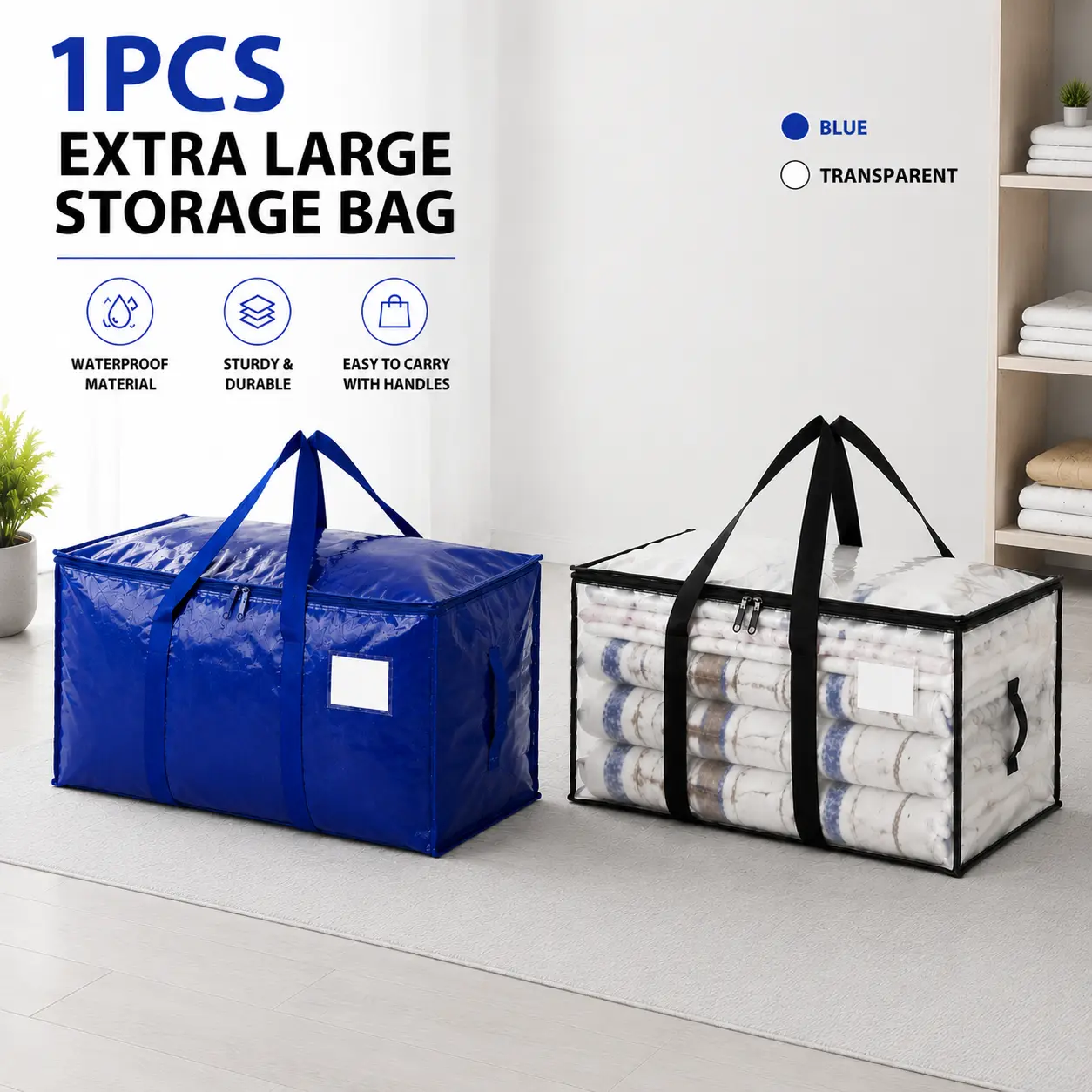 Large Capacity Storage Tote Bag, Heavy Duty Zippered Organizer for Blankets, Comforters, Clothes and Linens.