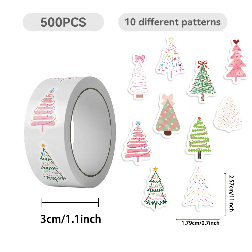 Pink Pastel Macaron Aesthetic Christmas Tree Stickers Roll - 500pcs Cute Stickers, 10 Creative Patterns, 2.57 cm High, 3 cm Spool Width, Compact & Precise Sizing for Festive Mailers, Gift Wrapping, Journal DIY (Toys & Hobbies, DIY Scrapbooking & Stamping)
