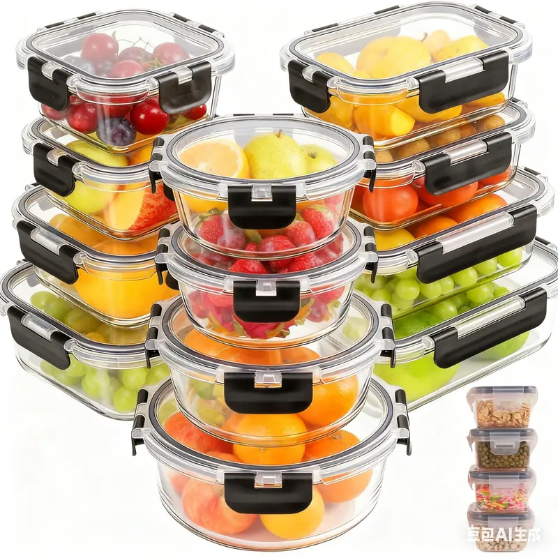 Nifogo 12Pack Glass Food Storage Containers 8oz BPA-Free Airtight Lids Microwave Dishwasher Safe with Black Gray Utensils for Kids School Travel