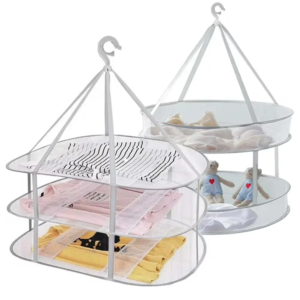 Household Folding Steel Laundry Drying Rack - 2-Tier/3-Tier Windproof Balcony Rack with Polyester Mesh, 2 Synthetic Drying Nets, Circle Hook, Hook Mount & Hangable Accessories