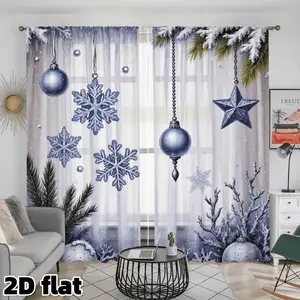 2D Flat 2Pcs Christmas Snowflakes Star Ornaments Curtains, Silver Blue Winter Theme, Rod Pocket Design, Semi Sheer Polyester, Light Filtering Decor, Suitable for Home Window Treatment, Home Decoration Curtain