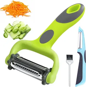 Potato, apple, and vegetable peelers are used in the kitchen, while I and Y peelers are used for fruits and vegetables. Potatoes, carrots, and cucumbers are designed with a three in one rotating blade.