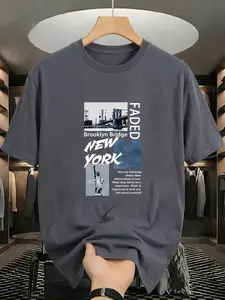 Men's New York Brooklyn Bridge Print T-Shirt, Loose Casual Short Sleeve, Graphic Letter Pattern, Fitted Style, Spring & Fall