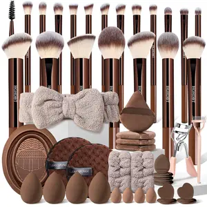 48-Piece Brown Makeup Tools Set, Cosmetics Makeup Tools, Makeup Kit Includes Brown Foundation Makeup Brushes Set, Beauty Sponge, Makeup Puffs, Eye Makeup Accessories, Makeup Remover Sponges, Makeup Brushes Cleaner, Suitable for All Skin Types