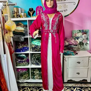 Muslim Luxury Crystal Velvet Abaya with Luxurious Belt, Inner Chiffon Dress & Stylish Chiffon Scarf, Elegant Design pink