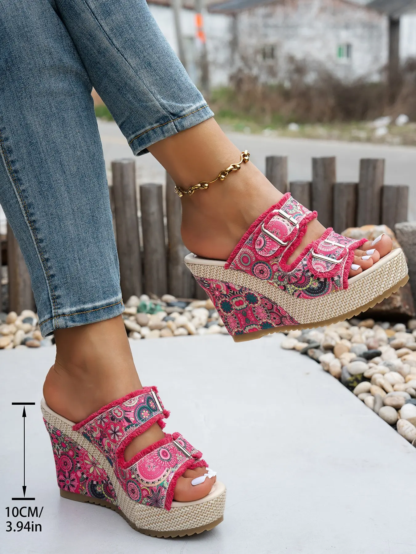 Boho Western Letter Print Wedge Heeled Mules, Open-Toe Fringe Street Style Shoes, Music Festival Footwear, Party Shoes, Women's Fashion Less Than Ankle Height, Elegant Stylish