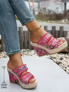 Boho Western Letter Print Wedge Mules, Open-Toe Fringe Street Style Shoes, Music Festival Footwear, Women's Fashion Less Than Ankle Height