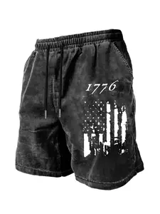 New Men's Cotton Vintage Short Pants '1776' American Flag Distressed Shorts, Casual Patriotic Gym Shorts for Young Males
