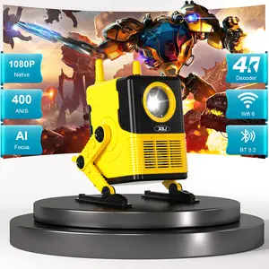 XBJ portable Projector Android TV 11.0 1920x1080P WiFi Bluetooth 120° Rotatable Auto Focus Home Outdoor Movie Proyector Smart Projector with Netflix and 5000+ Apps Perfect Mothers Day Gift Audio Yellow window projector