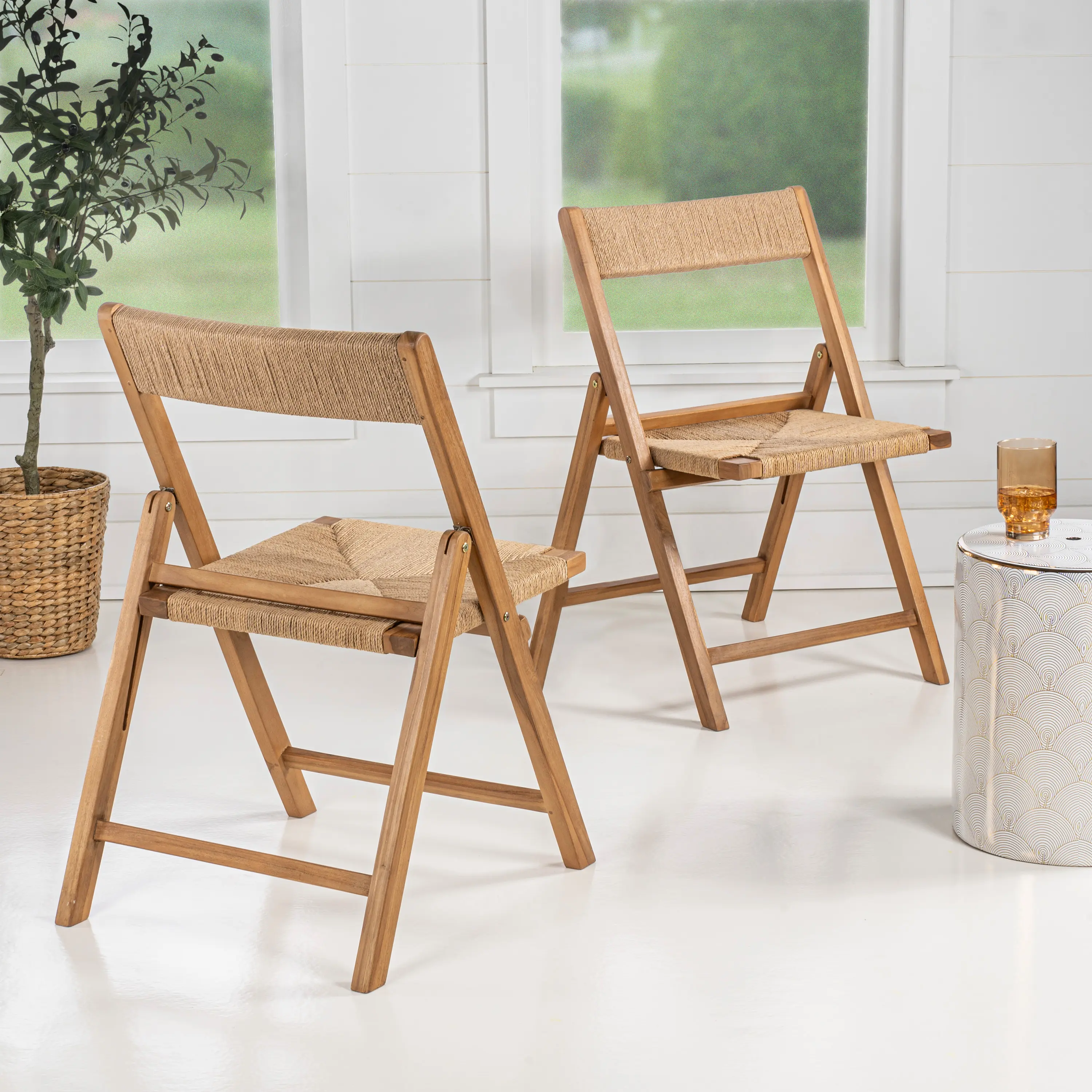 JONATHAN Y Kiawah Coastal Modern Wood-Woven Seagrass Folding Dining Chairs (Set of 2) - Natural Finish, 275 lbs Capacity, Clean Look, Space Saving Furniture, Easy Setup, Ideal for Small Room Ideas, Coastal Decor