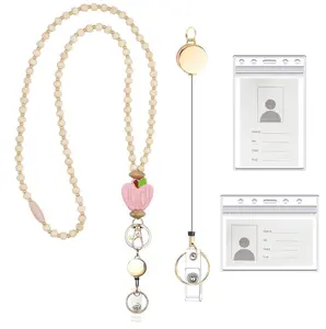 2025 Teacher Lanyard with ID Holder, Retractable Fashion Wood Beaded Lanyard for Key, Cute Natural Wooden Beaded for Women