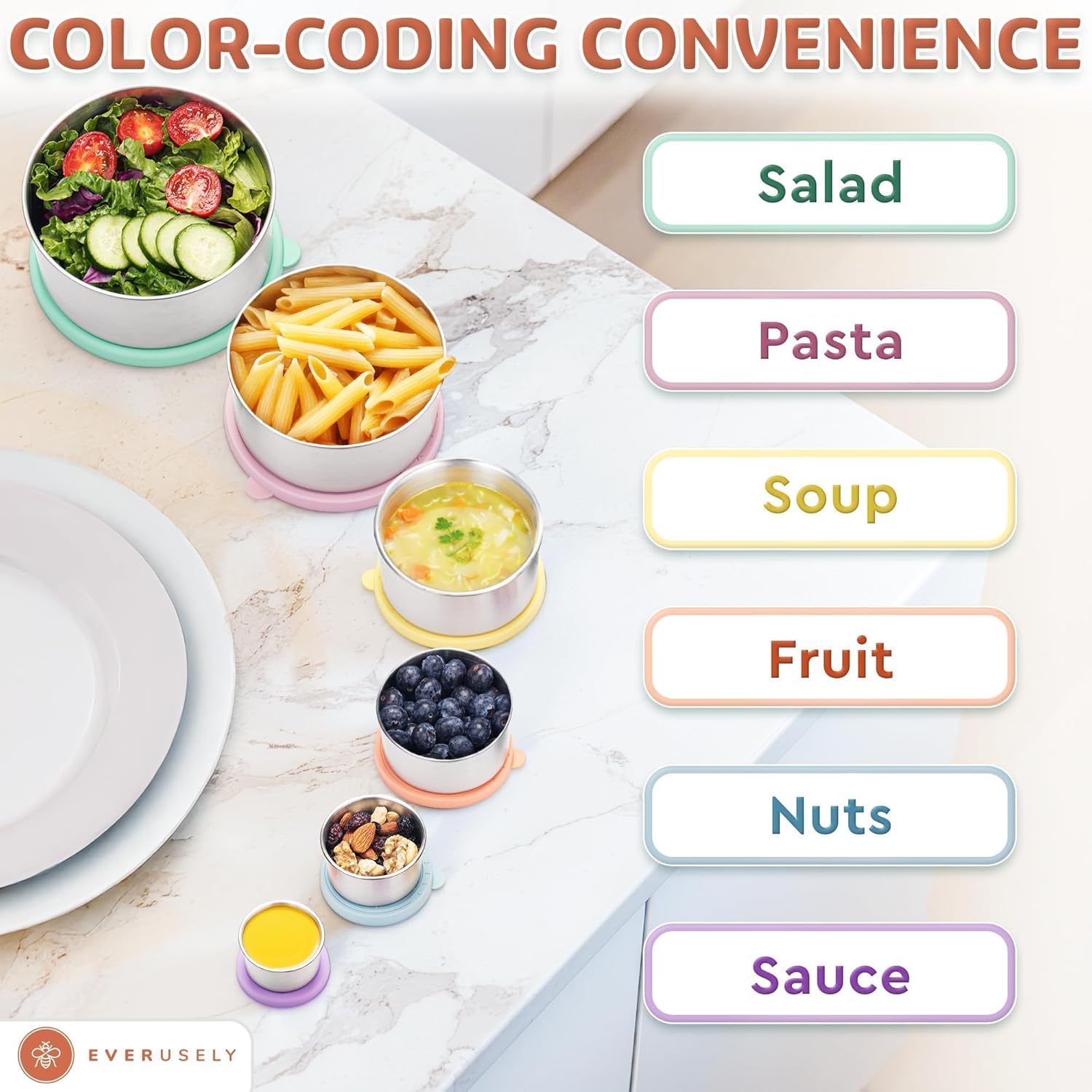 EVERUSELY Stainless Steel Containers with Lids Set of 6 Bright Collection Leakproof Food Containers Nesting Snack Holders Metal Lunch Box Portable Reusable Meal Kit EVERUSELY Stainless Steel Containers with Lids Set of 6 Bright Collection Leakproof Food Containers Nesting Snack Holders Metal Lunch Box Portable Reusable Meal Kit