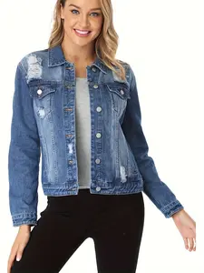 Women's Denim Jackets Ripped Distressed Casual Long Sleeve Basic Button Down Jean Jacket With Pockets Vintage Tops Comfort