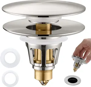 2-in-1 Universal Bathroom Sink Stopper - Brushed Nickel Pop Up Sink Drain Stopper, Brass Bounce  Core Sink Stopper Replacement, Wash Basin Drain Filter Plug with Anti-Clogging Strainer