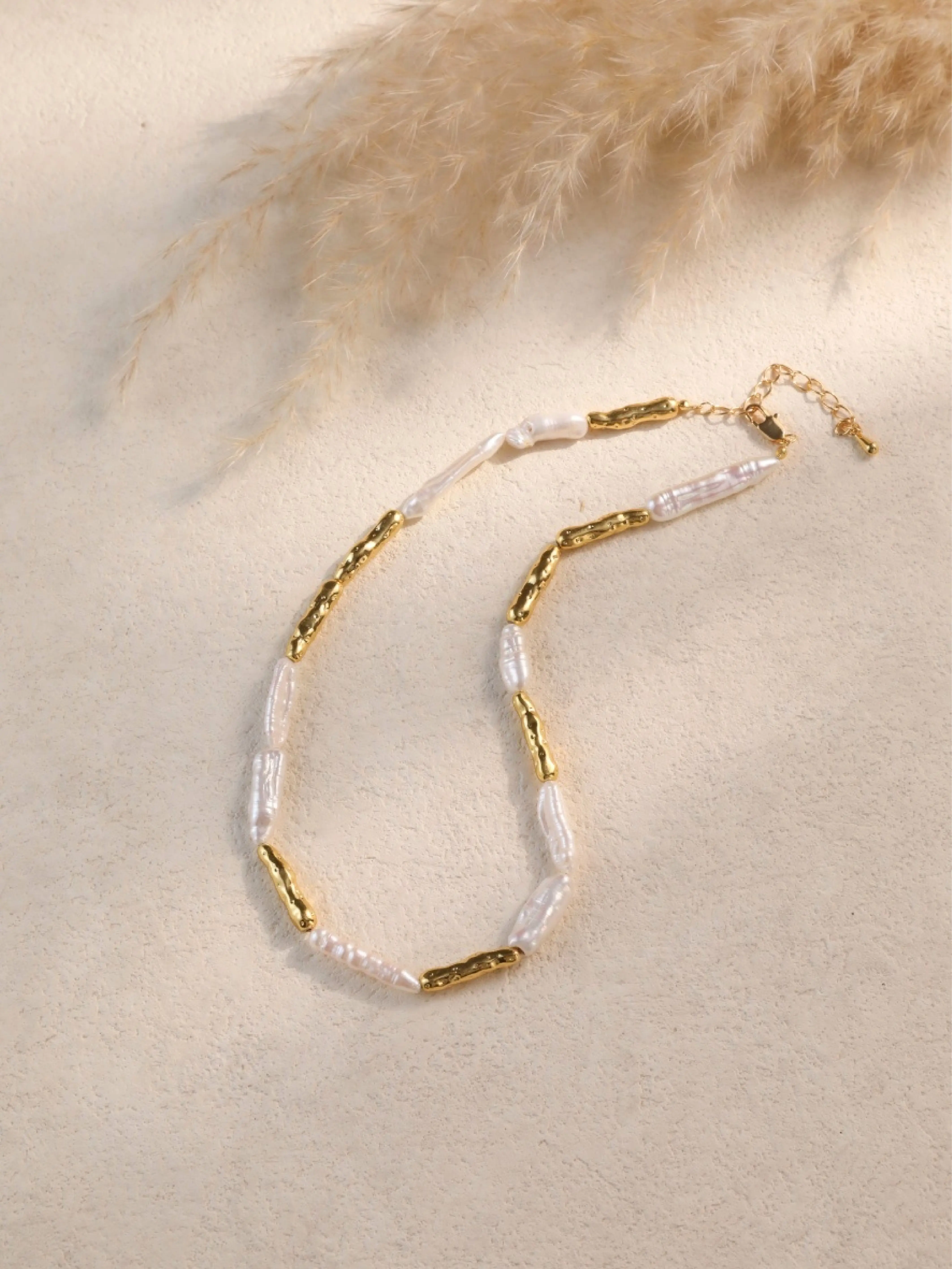 Lumia Atelier Baroque Pearl & Gold Statement Necklace, Freshwater Pearl Necklace with Textured Gold Bars, Handmade Elegant Layering Jewelry for Women