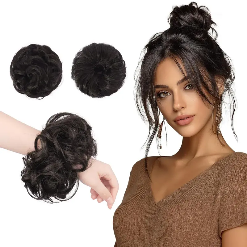 2PCs Small Messy Bun Hair Piece for Thin Hair Women Girl Mini Synthetic Elastic Wavy Space-bun Scrunchies Updo Hairpieces, Brown Black, Golden Brown, Low Bun