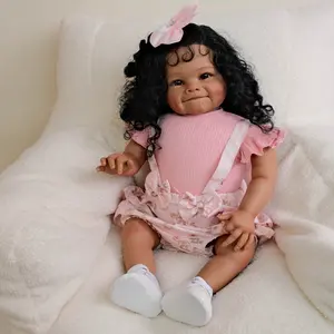 24" Realistic Black Curly Hair Reborn Toddler Doll Deep Skin Tone Cloth Body Vinyl Limbs Pink Outfit with Accessories Gift Box