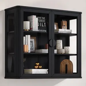 Modern Display Wall Storage Cabinets Black Tempered Glass Floating Shelves for Kitchen Dining Room Bathroom Aesthetic Organizer with Adjustable Shelves
