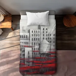 360 Stand Decorative Duvet Cover - Twin Extra Long, Gray with Red Clouds Contemporary City Print, Breathable Microfiber Face Fabric, Home Decor Bedding, Modern, Durable