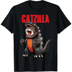 Menswear 100% Cotton Short-Sleeve Breathable Casual Unisex Cute Kitty Catzilla T-Shirt, Matching Top for Cat Parents