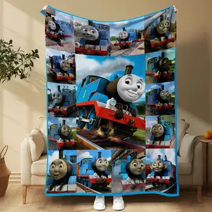 Thomas Train Pattern Flannel Blanket, Soft Cartoon Anime Theme Nap Throw, Comfortable Multi-Purpose Blanket for Sofa Bed Car Office Camping, Travel Blanket, Figure Print Blanket