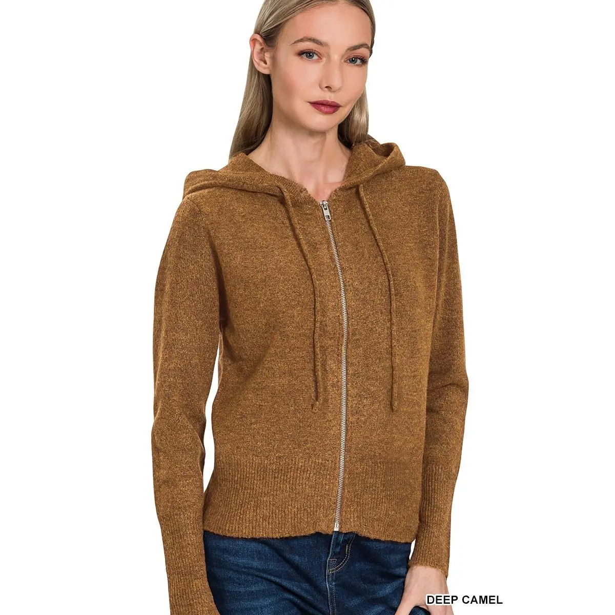 Zenana Drawstring Zip Up Hooded Cardigan