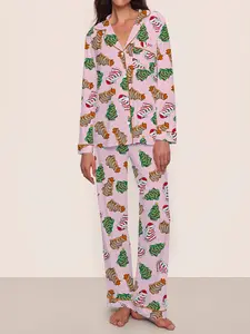 【Christmas Pajamas】Women's Christmas Pajama Set, Long Sleeve Casual Loungewear, Elastic Waist Pants, Elegant Cute Holiday Nightwear