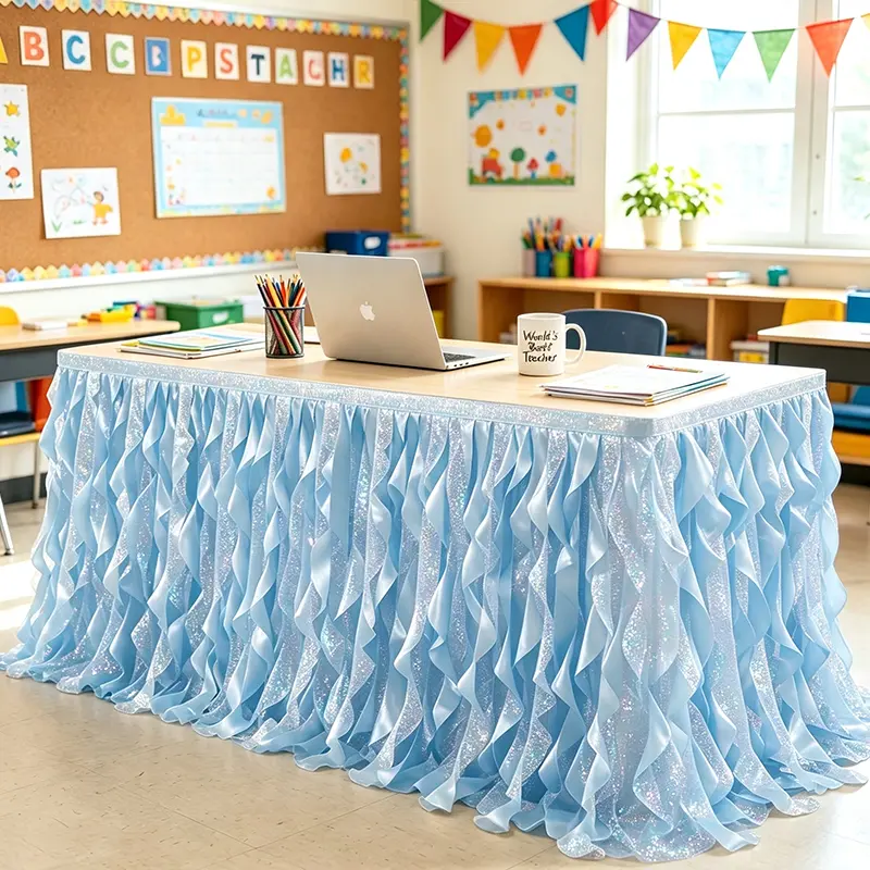 Polyester Sparkling White Sequin Table Skirt - Double-Layered Solid Ruffle, Front-Only Coverage for 6Ft / 9Ft Tables, Boho Classic Glamour Magic Decor for Weddings, Valentines Day, Festive Home & Party Supplies, Skirts ，homeessential，BackToSchool，sohochic