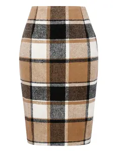 IDEALSANXUN Plaid Pencil Skirts High Waisted Wool Knee Length for Women Fall Winter Skirts Long Midi Tweed Skirt Faldas de Invierno Para Mujer Business Casual Outfits for Women Work Office Skirt Tartan Skirts Holiday Outfits Womenswear Bottoms
