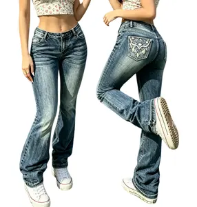 Women's Mid-Rise Fitted Ankle-Length Lift-Up Bootcut Jeans - Whimsical Embellished, Pocket Embroidery, Stylish Bottoms