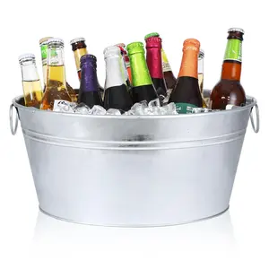 Ice Bucket, Oval Beverage Tub, Galvanized Bucket and drink Cooler for Parties, Ice Tub with Handles for Beer Sparkling Whisky Wine Cocktails (3.5gal) (Galvanized) Utensils Birthday