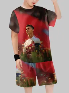 Cristiano Ronaldo National Team Theme Set, Football Star Jersey Portrait Print T-Shirt + Matching Shorts, Casual Fitted Two-Piece Set